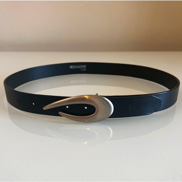 HEXAGONE CUR | Black & silver retro size large leather belt - Picture 1 of 9